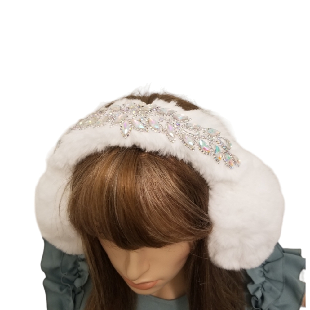 White Faux Fur Crystal Embellished Earmuffs Earwarmers Headband - Picture 6 of 12